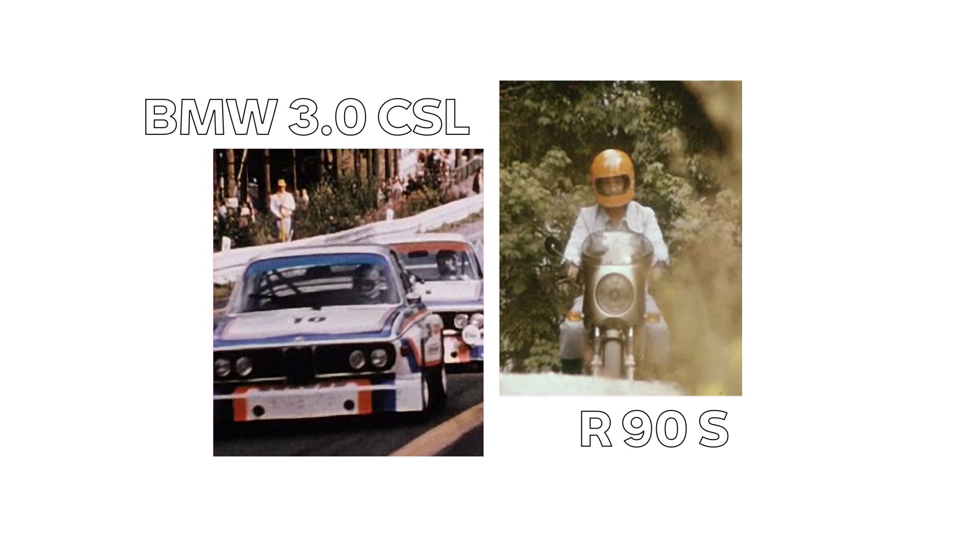 Links een historische opname van de BMW 3.0 CSL, rechts de BMW R 90 S van Helmut Dähne.