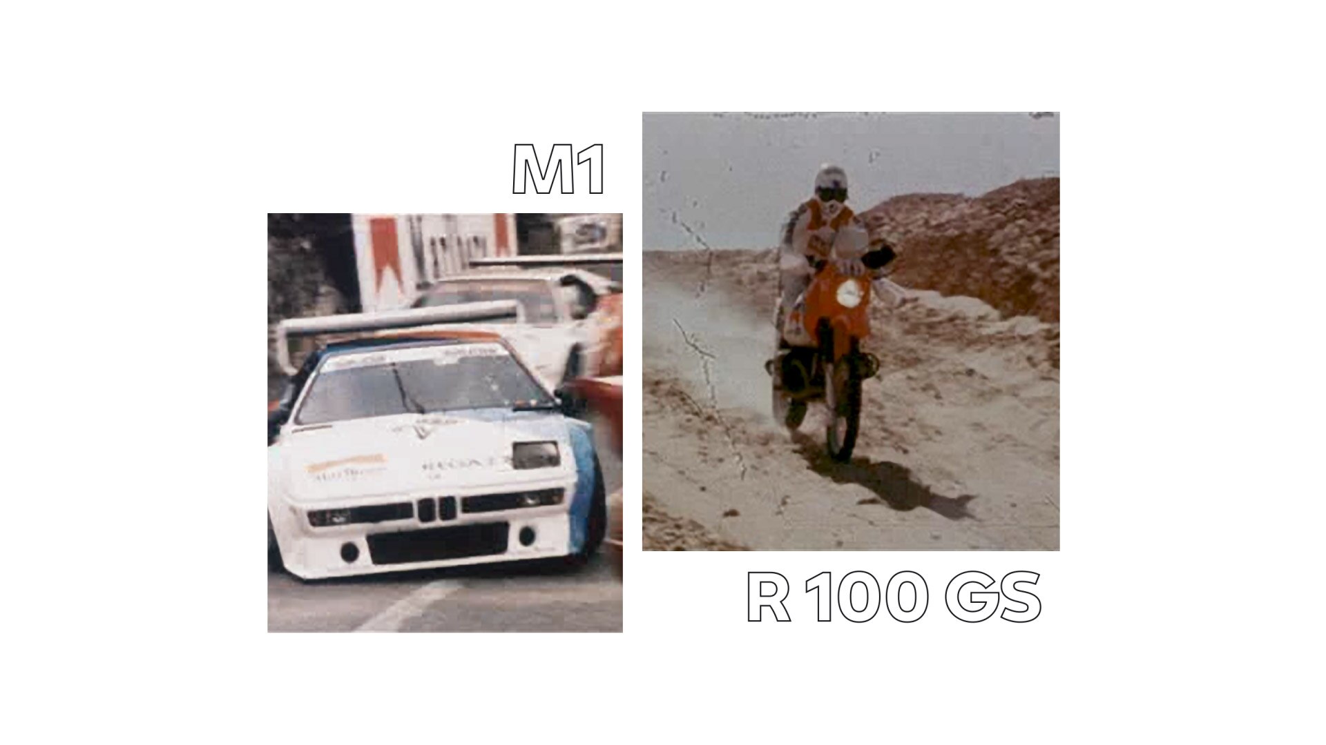 Links een historische opname van de BMW M1, rechts de legendarische Rallye Paris Dakar machine.