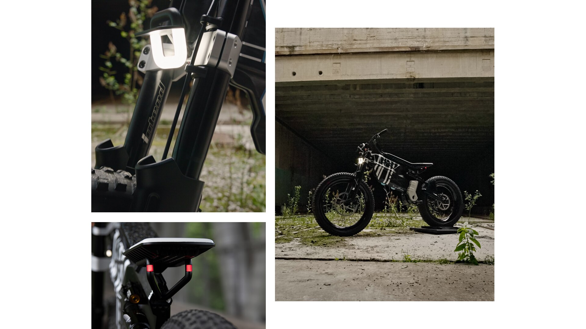 De BMW Motorrad Vision AMBY staat met zijn buitengewone uiterlijk en massieve banden op een verlaten fabrieksterrein.
