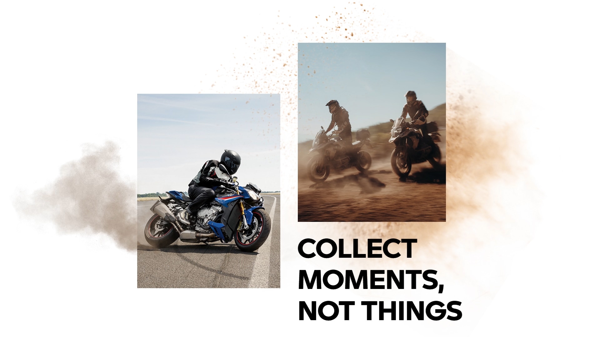 Een BMW Motorrad coureur op een racecircuit. Twee BMW Motorrad rijders op een zanderige ondergrond.