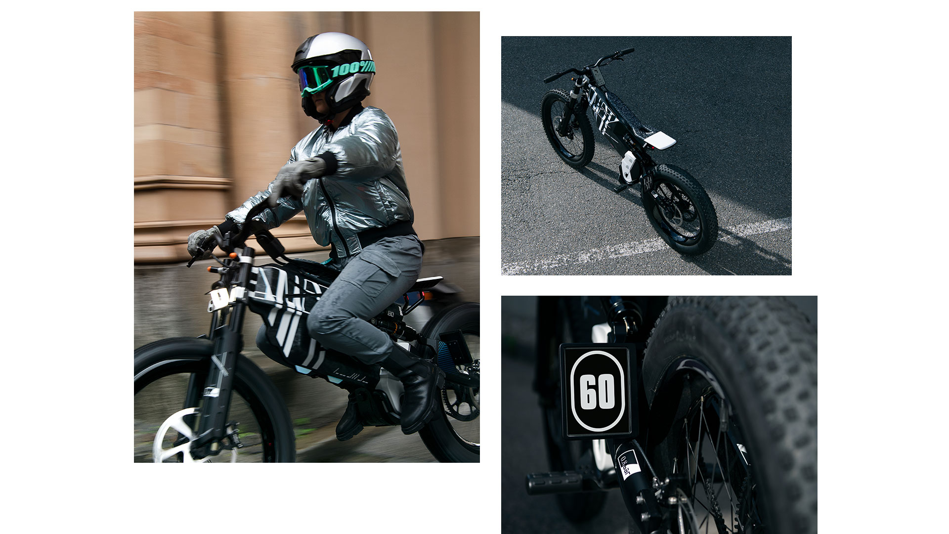 Collage van drie foto's van Vision AMBY. Focus op de led-koplampen, het e-ink-kenteken en de buddyseat.