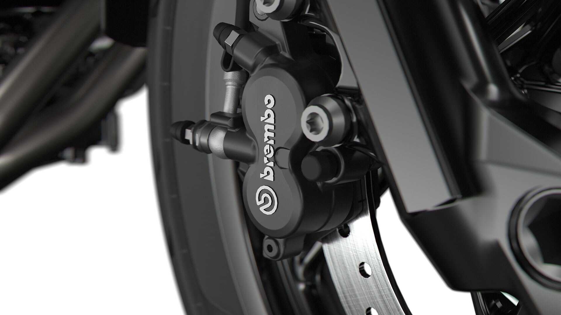 We zien het zwarte Brembo remsysteem.