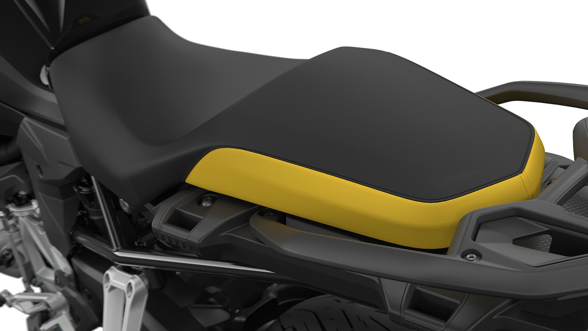 We zien de buddyseat in zwart/geel.