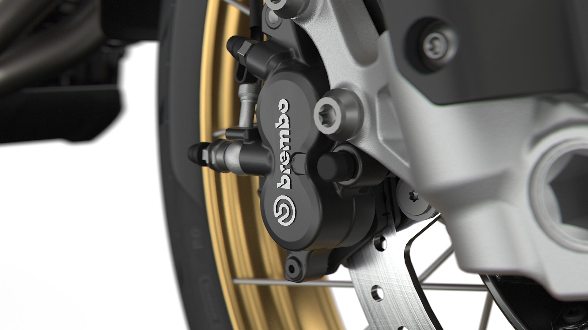 We zien het zwarte Brembo remsysteem.