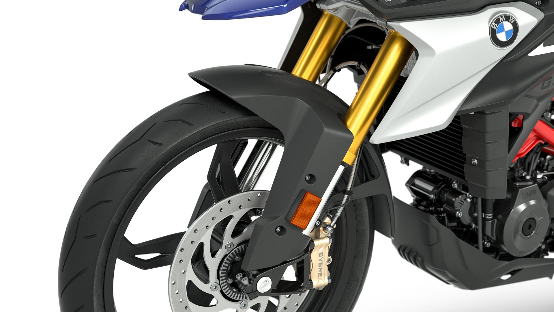 We zien de goudkleurig geëloxeerde upside-down vork van de G 310 GS.