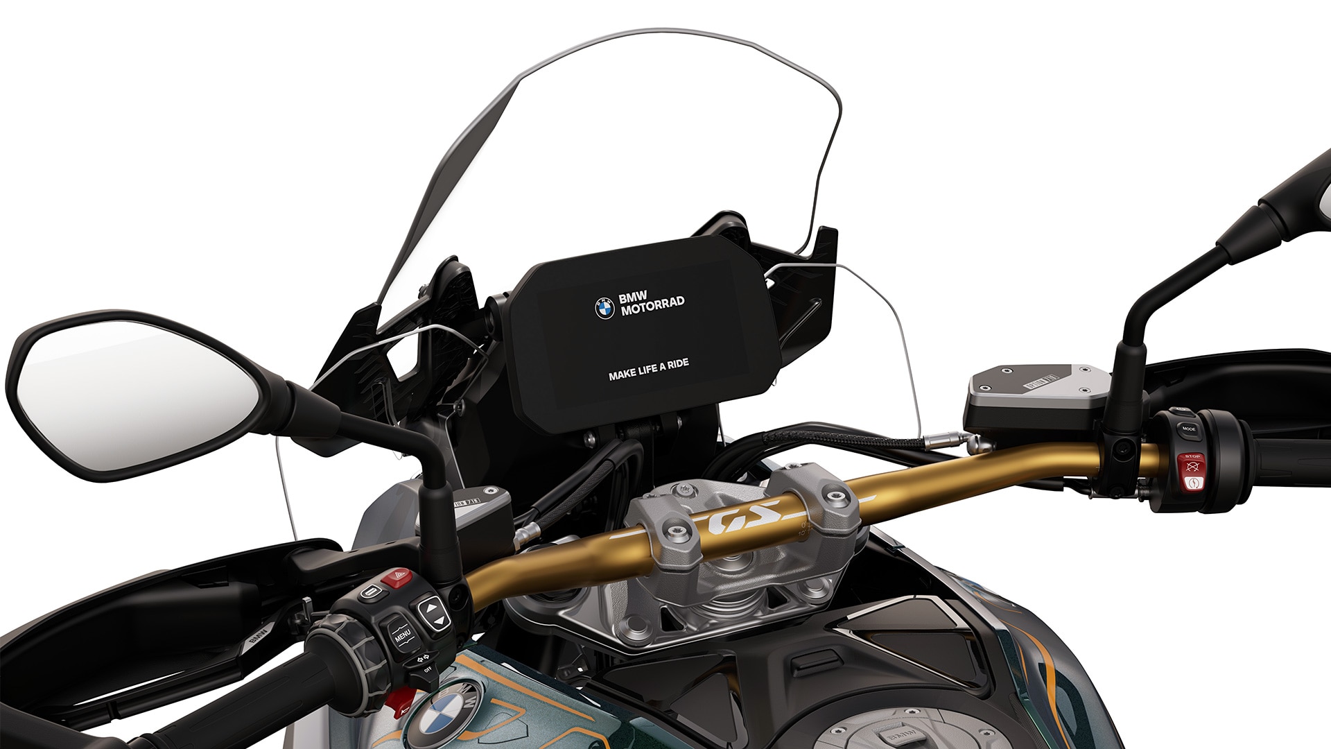 Het goudkleurige stuur van de BMW R 1300 GS Option 719 Tramuntana