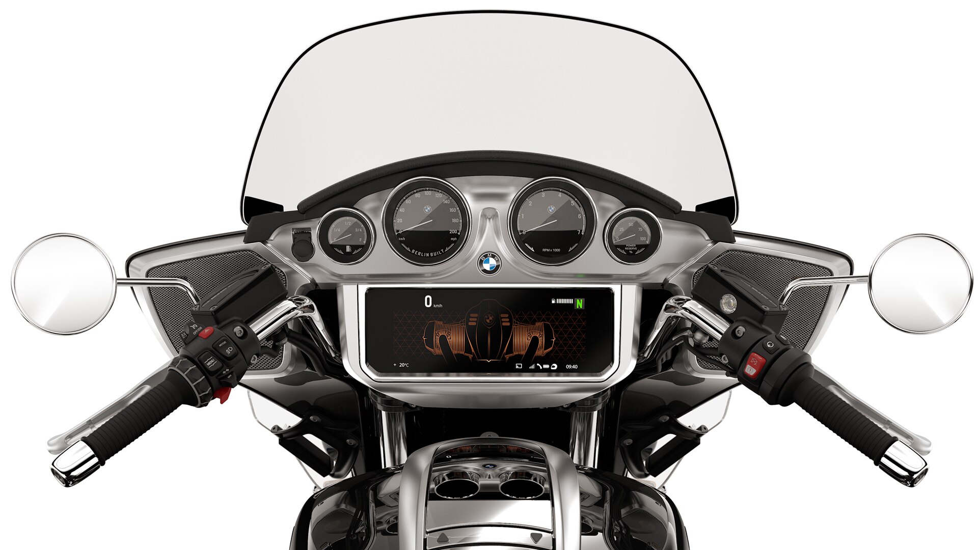 De cockpit toont de analoge ronde instrumenten en het TFT-display.