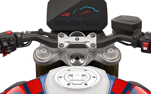 De instelbare upside-down verende voorvork van de F 900 R van BMW Motorrad