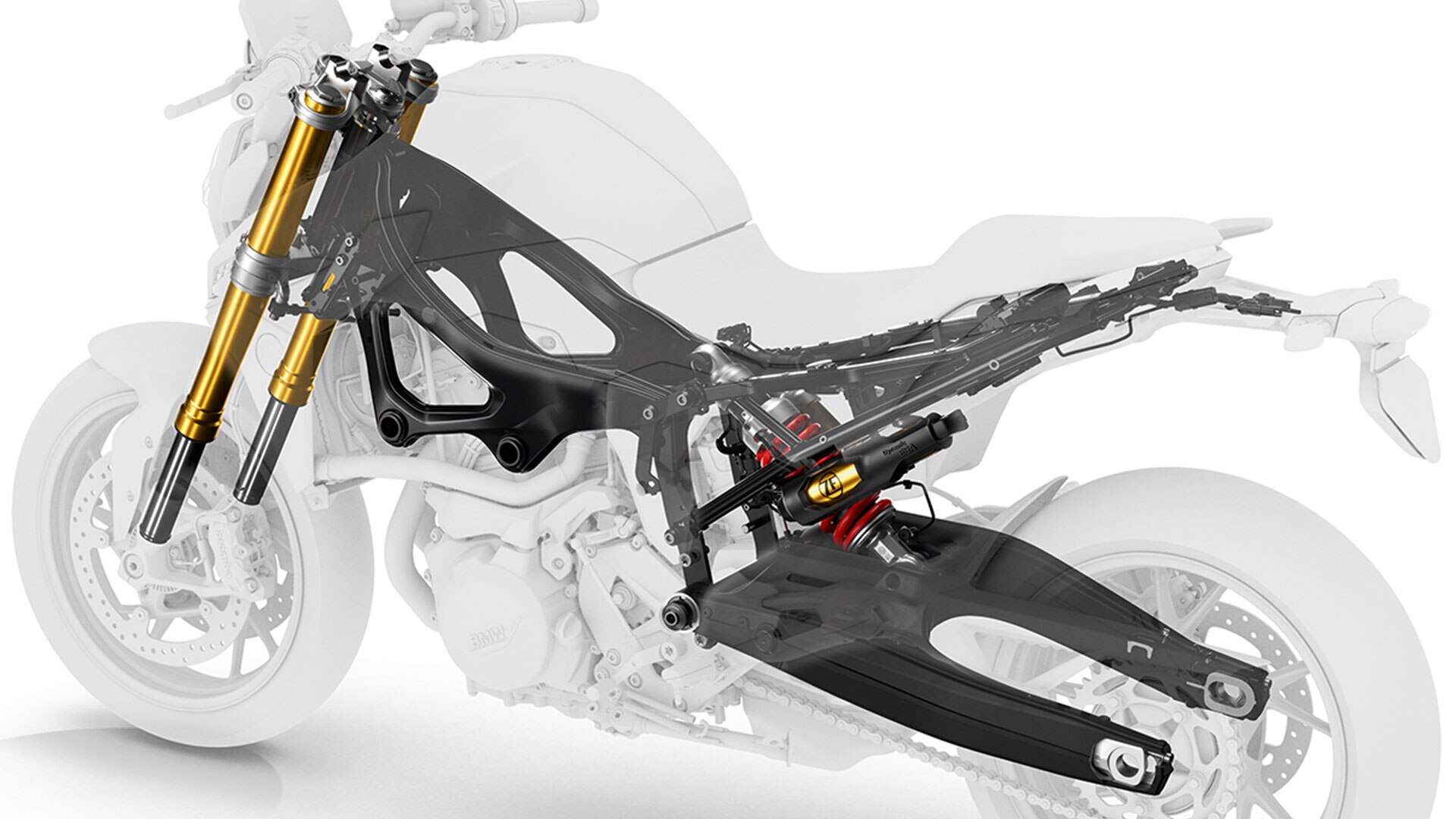 We zien het rijwielgedeelte van de F 900 R.