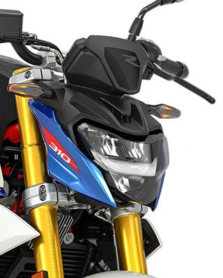 We zien de standaard-LED-koplampen en -richtingaanwijzers van de G 310 R.