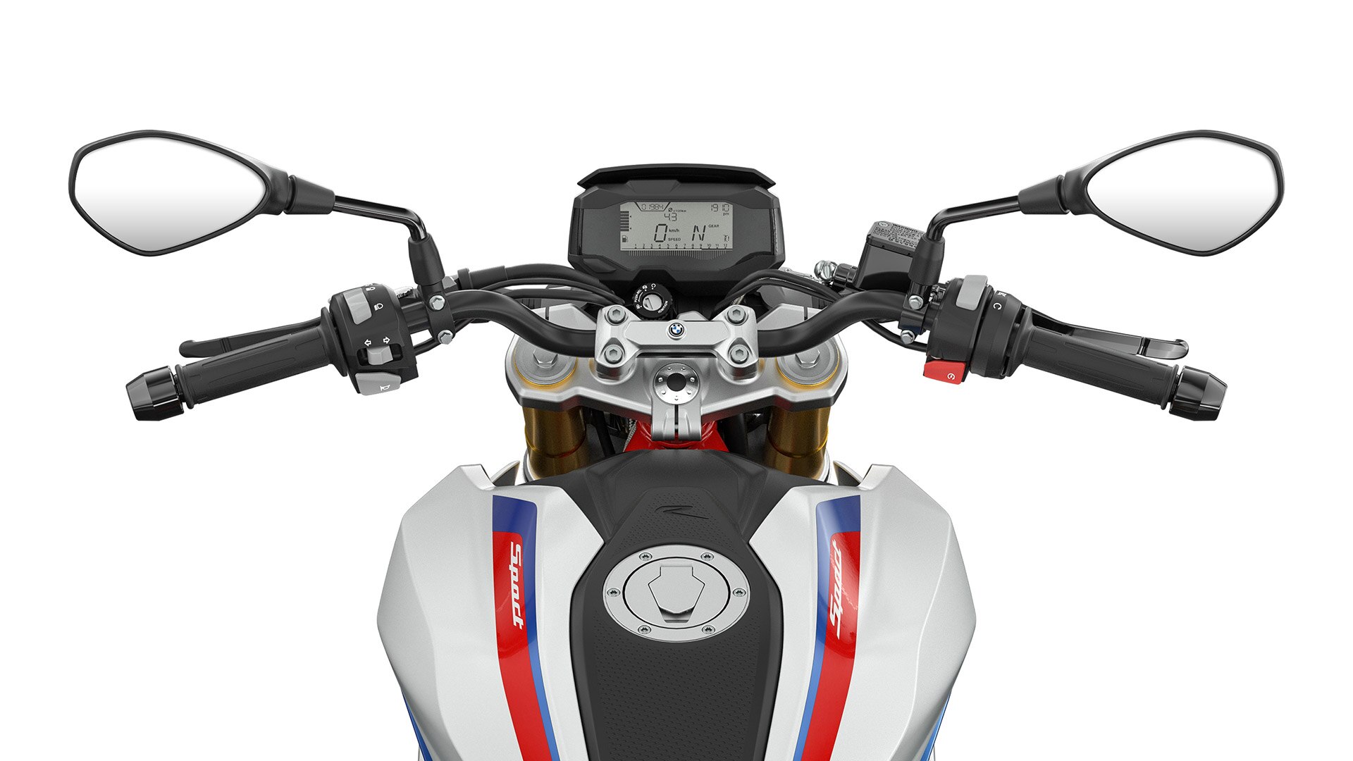 We zien het stuur en de bedieningselementen van de G 310 R.