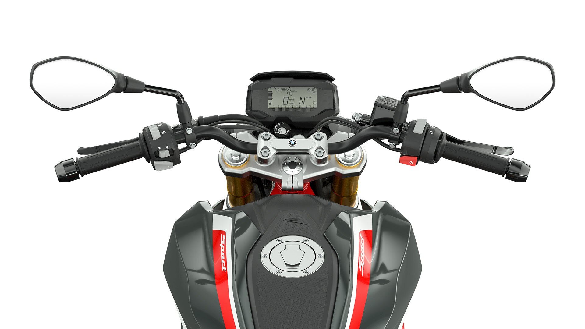 We zien het stuur en de bedieningselementen van de G 310 R.