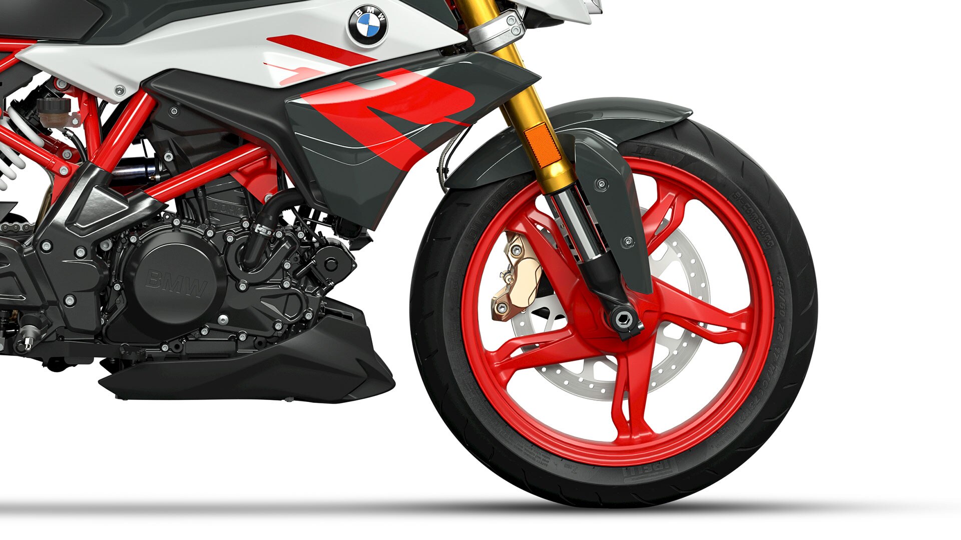 We zien het gegoten aluminium velg van de G 310 R.