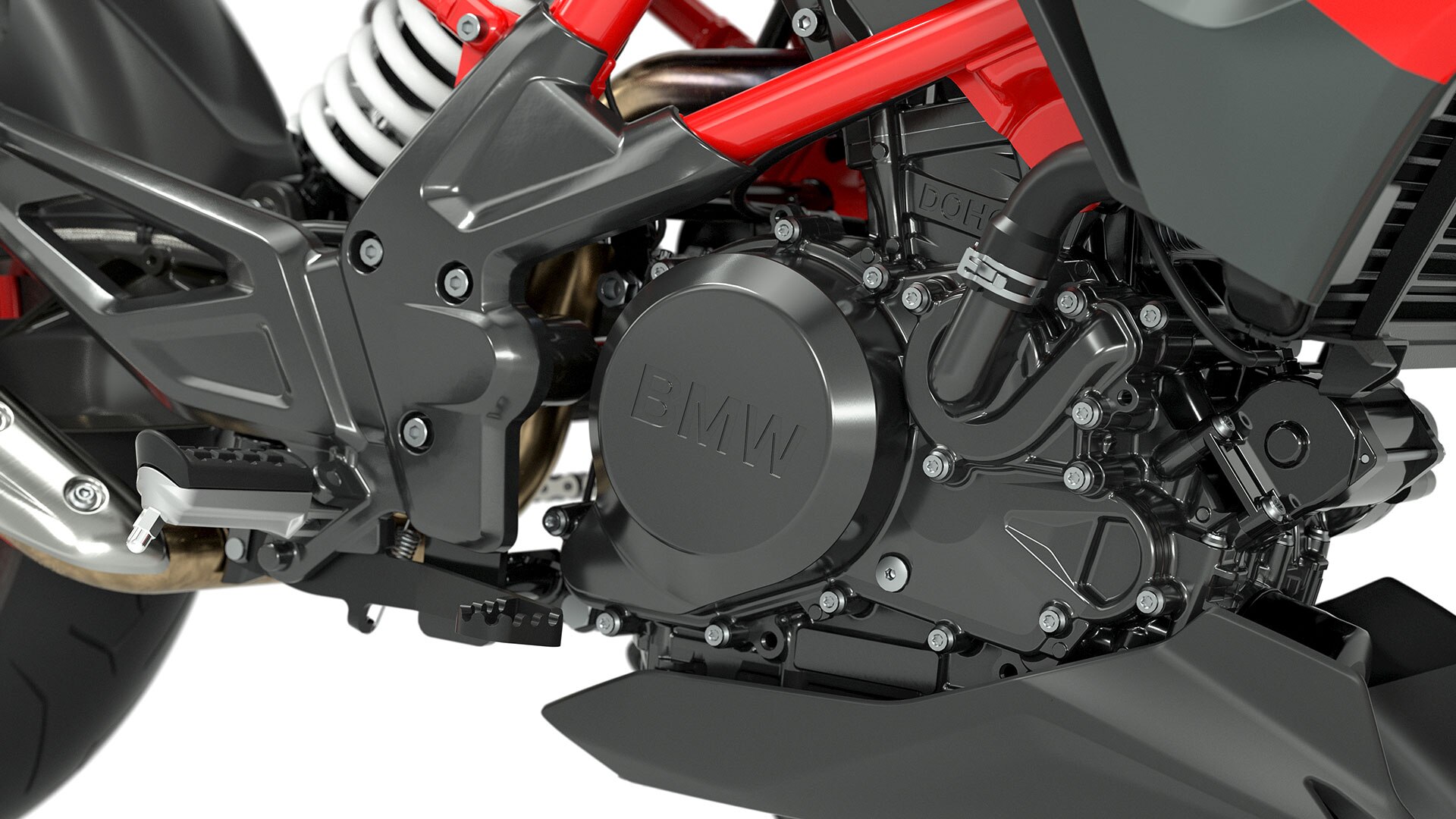 We zien de titaniumgrijze motor van de G 310 R.