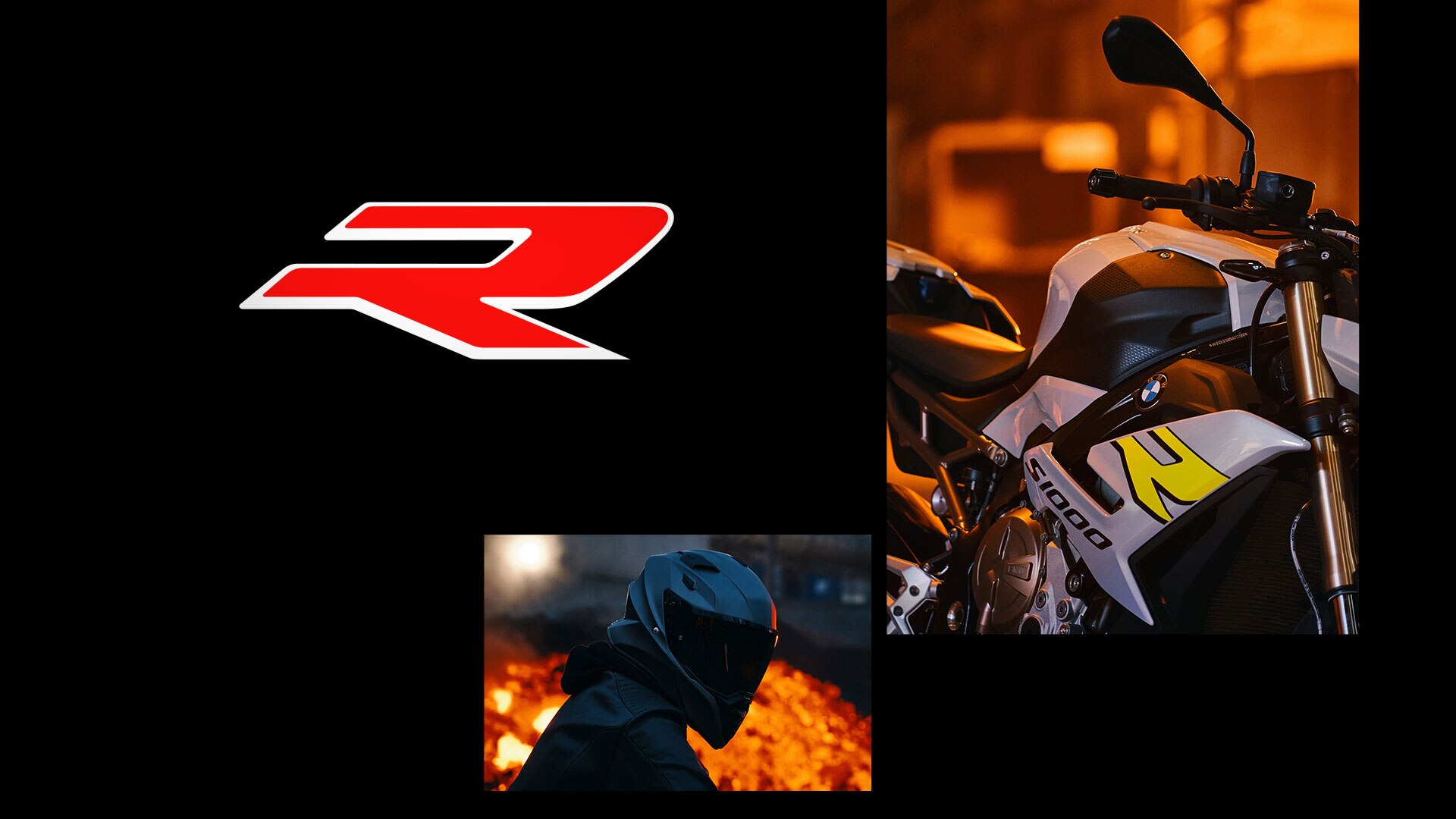 We zien een collage van de S 1000 R in Hockenheim silver met drie afzonderlijke foto's bestaande uit een zijaanzicht, een aanzicht van de R zijbekleding en van de berijder.