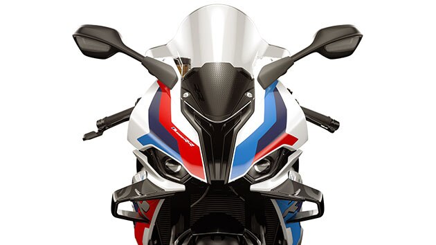 We zien het asymmetrische kleurenconcept van de M RR met de basiskleuren lichtblauw, donkerblauw en rood.