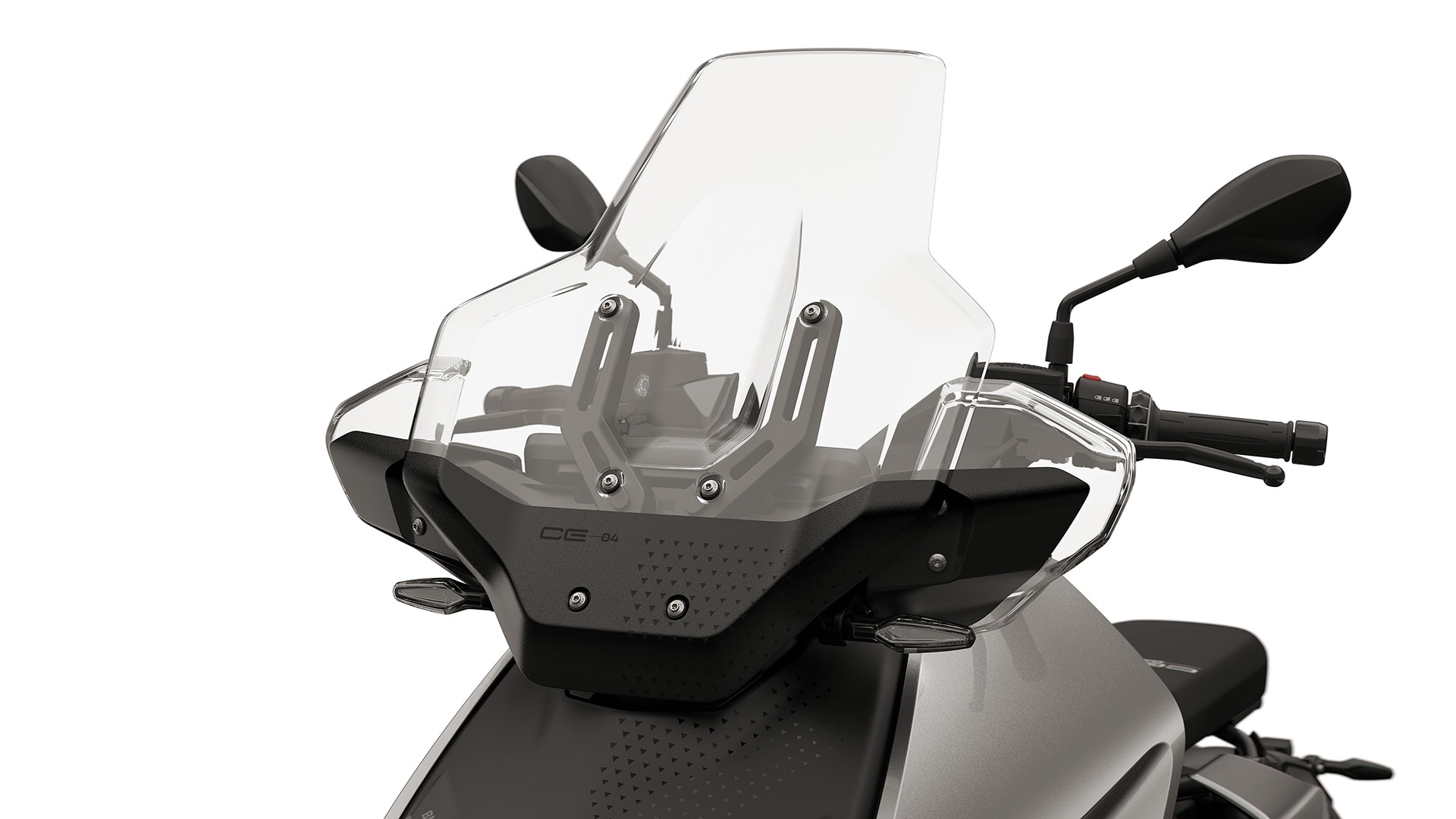 Hoge kuipruit inclusief geïntegreerde handwindbescherming van de CE 04 van BMW Motorrad