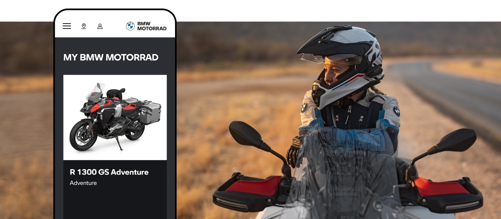 Een vrouw op een BMW motor. Links een mobile mockup van BMW Motorrad CarData